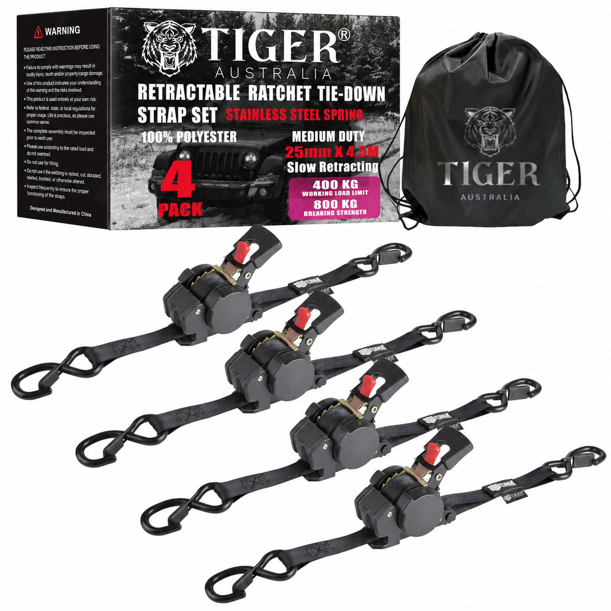 Tiger Australia 25mm × 4.5m New Auto Slow-Retracting Design Ratchet Straps 4-Pack