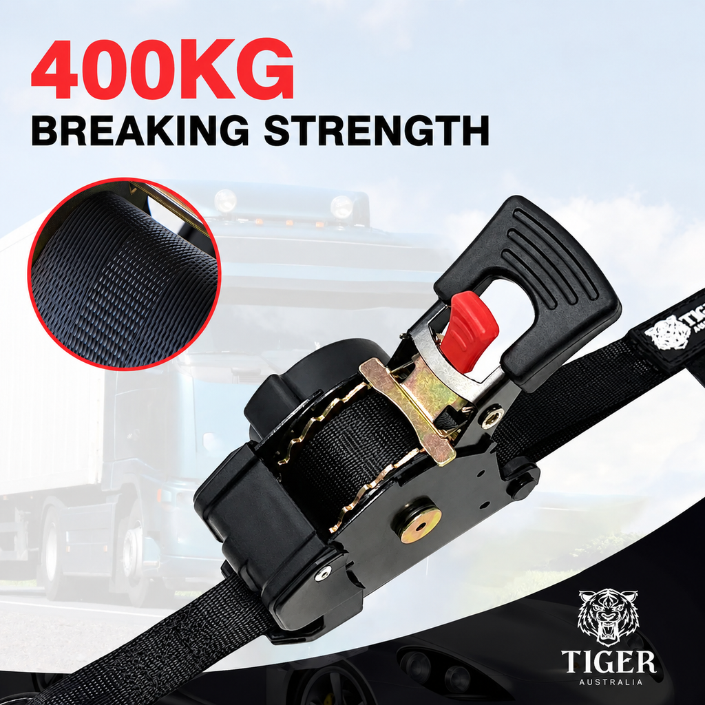 Tiger Australia 19mm x 3m Compact Auto Retractable Ratchet Straps 4-Pack with Soft Loops – 4 Pack
