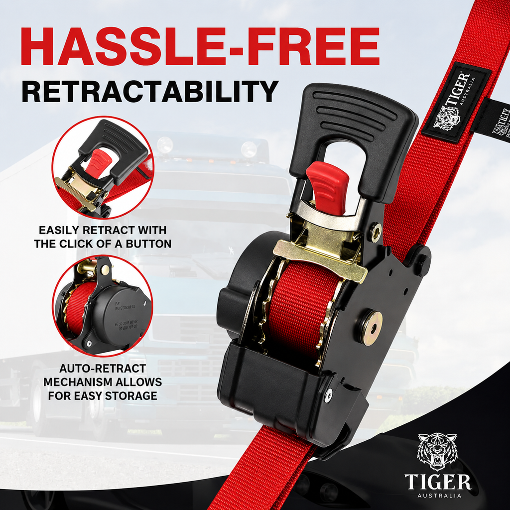 Tiger Australia 50mm x 3m Heavy Duty Retractable Ratchet Straps with Soft Loops 2-Pack(Red Limited Edition)