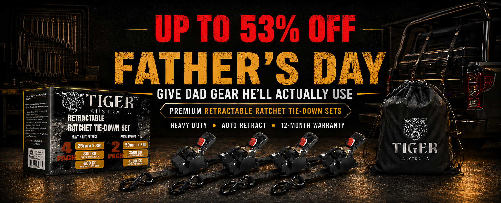 Tiger Australia retractable ratchet tie-down set displayed in a dark outdoor-style setting with a vehicle and warm spotlighting. The image includes a product box, several black tie-down straps with red release buttons, a black drawstring bag printed with the Tiger Australia logo, and large promotional text reading 'UP TO 53% OFF FATHER'S DAY'.