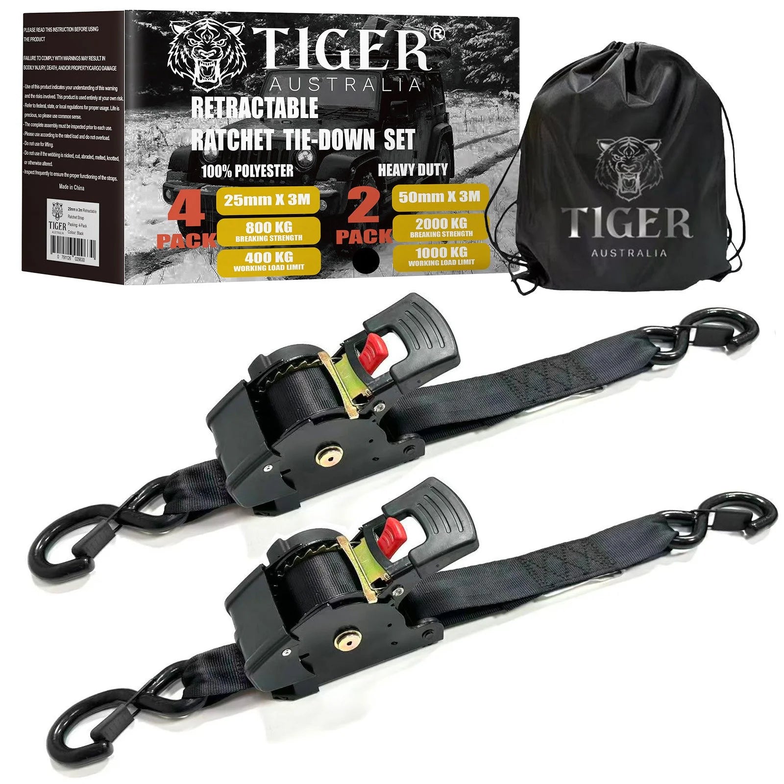 50mm x 3m Heavy Duty Auto Retractable Ratchet Straps 2-Pack