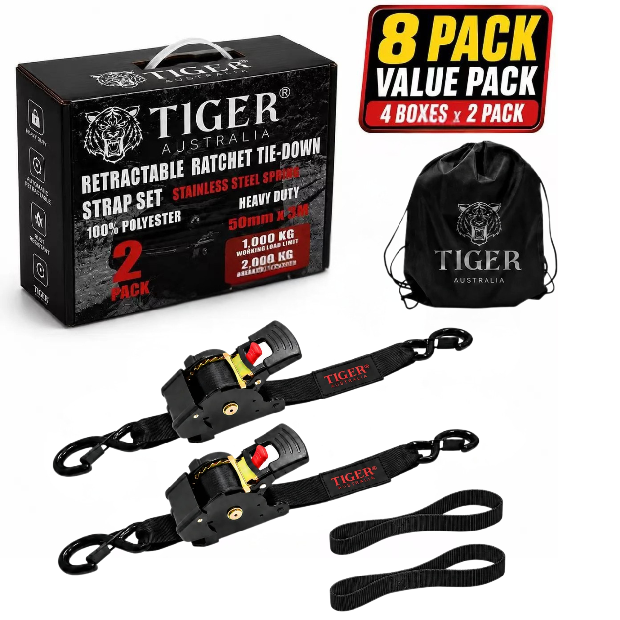 Tiger Australia 50mm x 3m Heavy-Duty Retractable Ratchet Straps 8-Pack Value Pack