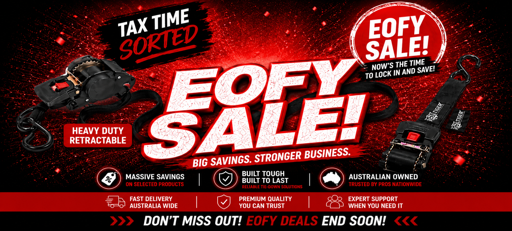 Promotional banner for a 'EOFY Sale' with heavy-duty retractable straps on a dark background.
