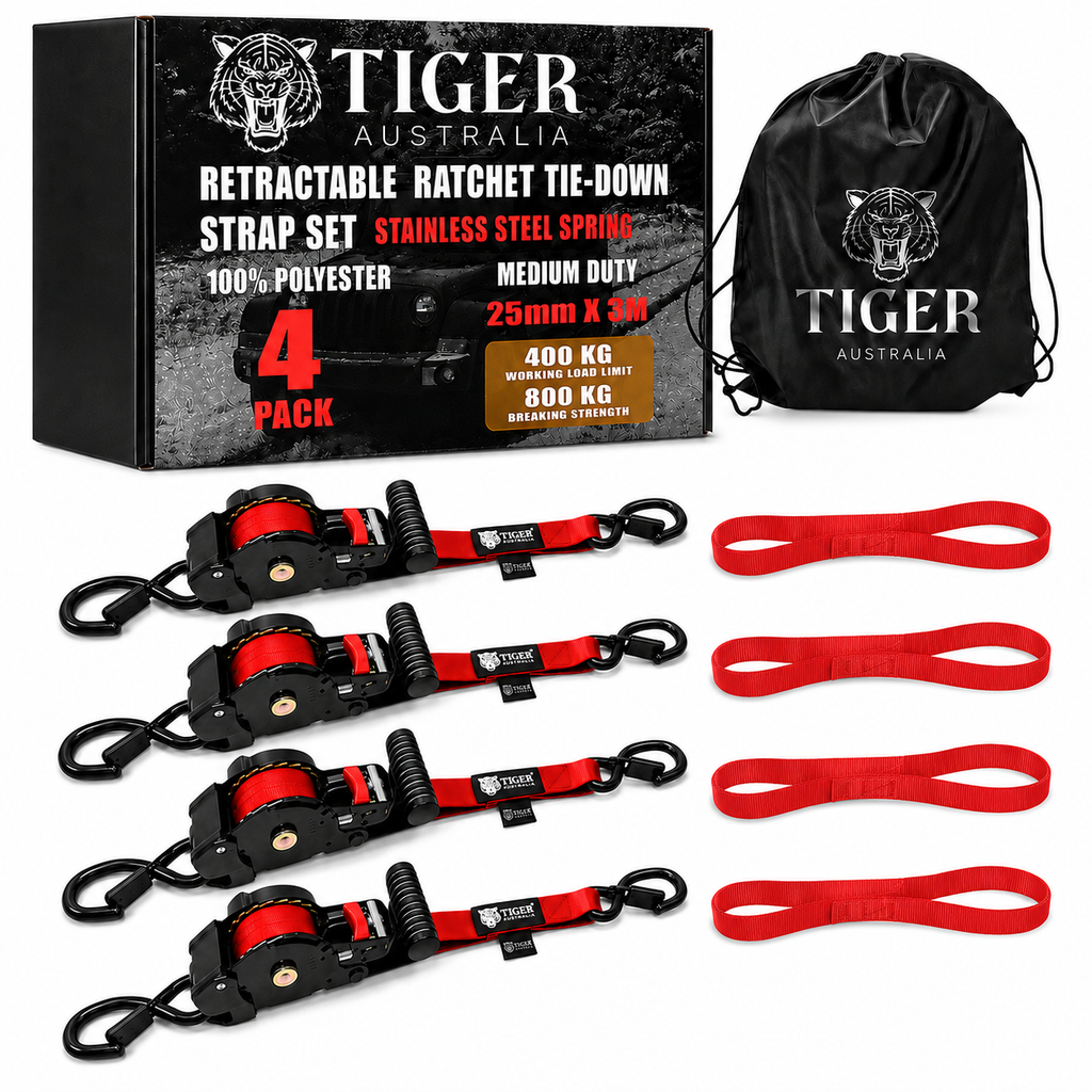 Tiger Australia 25mm x 3m T-Handle™ Retractable Ratchet Straps with Soft Loops 4-Pack(Red Limited Edition)