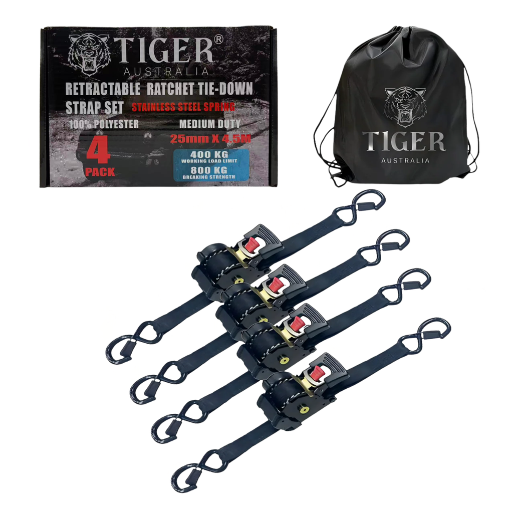 Tiger Australia retactable ratchet tie-down strap set with packaging and drawstring bag on a white background