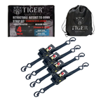 Tiger Australia retactable ratchet tie-down strap set with packaging and drawstring bag on a white background