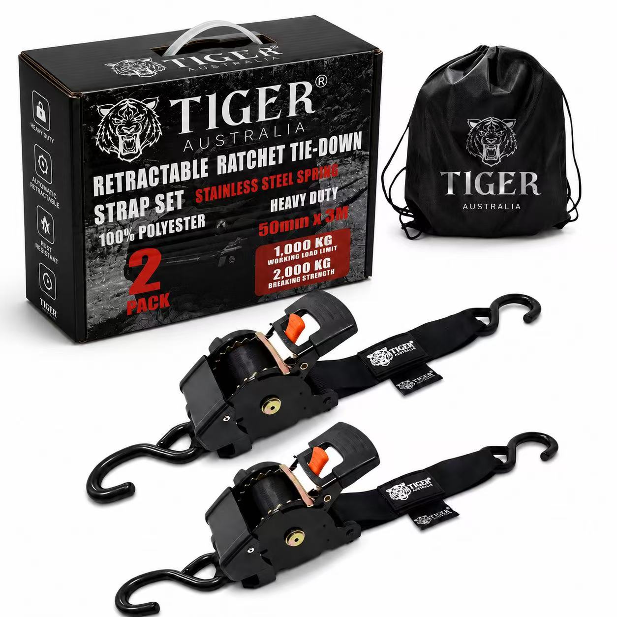 Tiger Australia 50mm x 3m Heavy Duty Auto Retractable Ratchet Straps 2-Pack