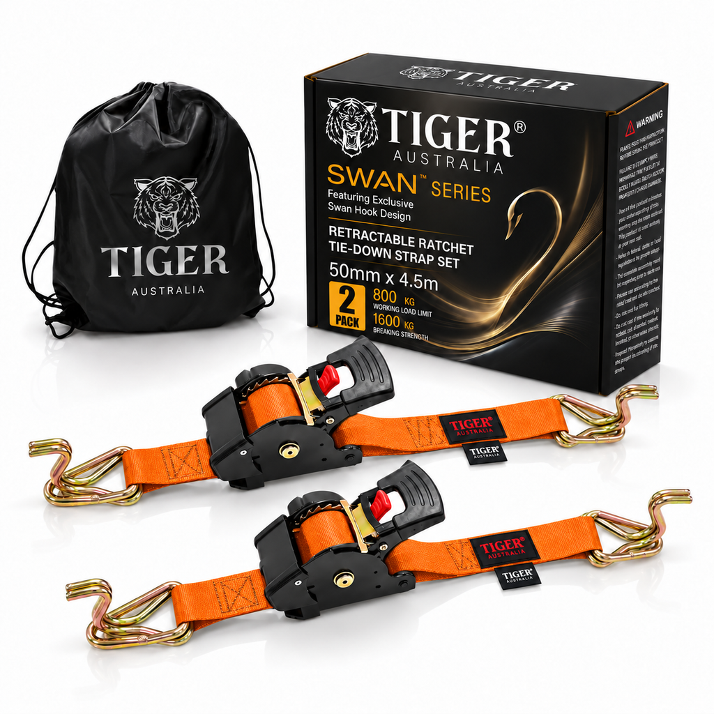 Tiger Australia Swan Hook Series 50mm × 4.5m Heavy-Duty Retractable Ratchet Straps 2-Pack(Orange)