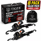 Tiger Australia retractable ratchet tie-down strap set with packaging and drawstring bag on a white background