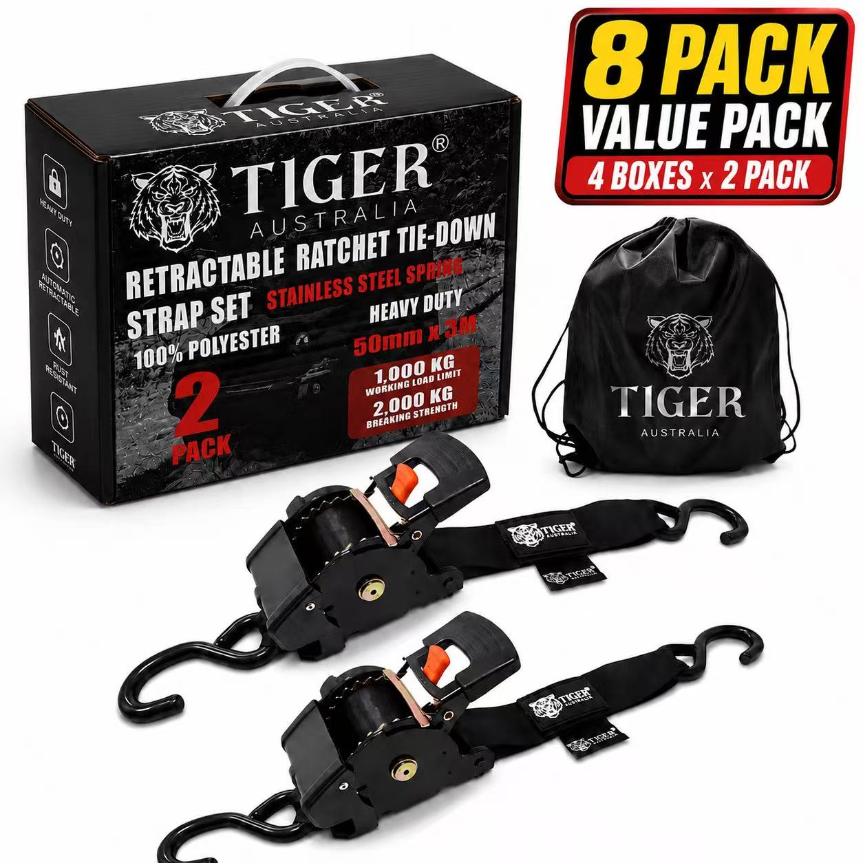 Tiger Australia retractable ratchet tie-down strap set with packaging and drawstring bag on a white background