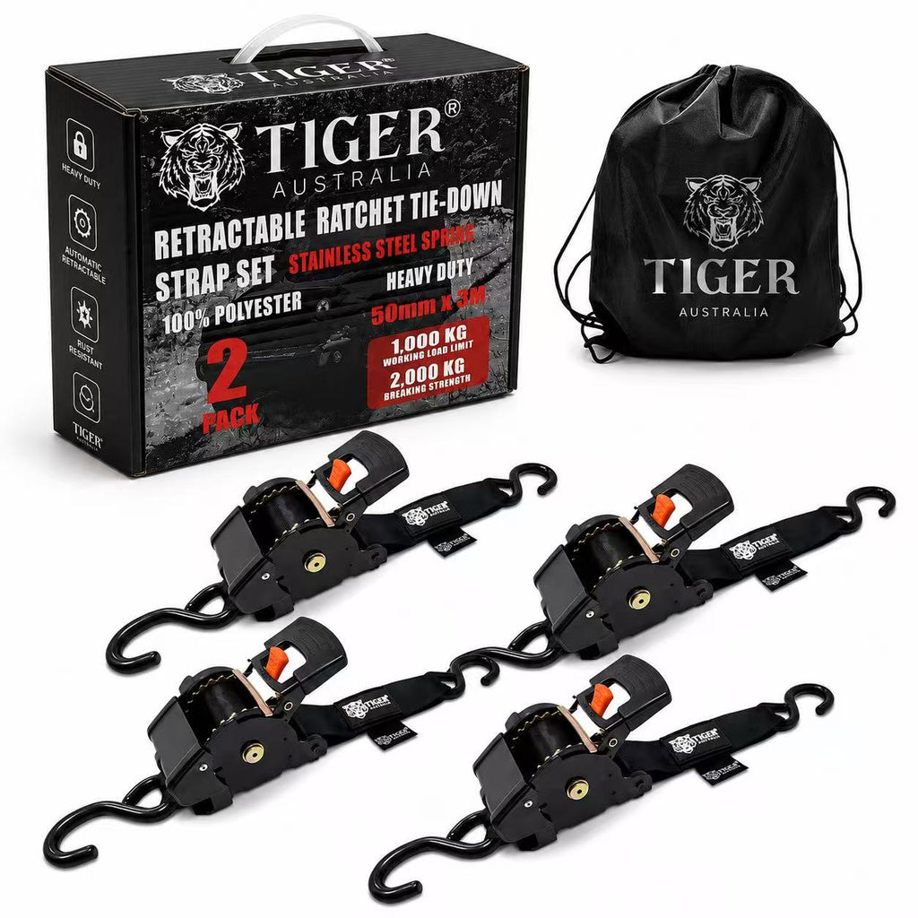 Tiger Australia 50mm x 3m Heavy Duty Auto Retractable Ratchet Straps 4-Pack