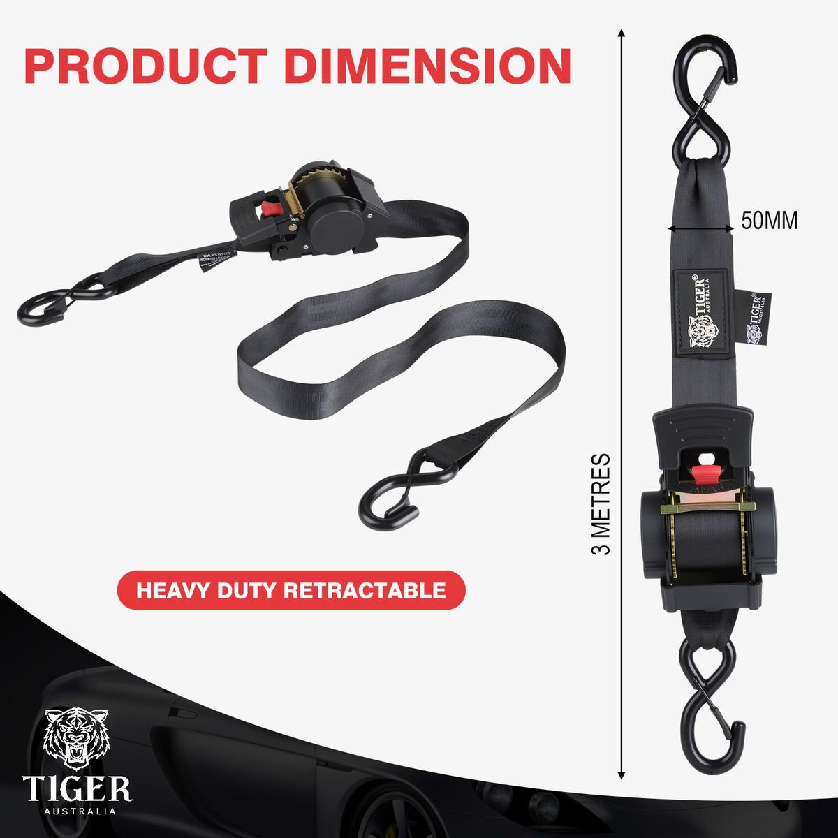Tiger Australia 50mm × 3m Slow-Retracting Design Ratchet Straps With Soft Loops 2-Pack