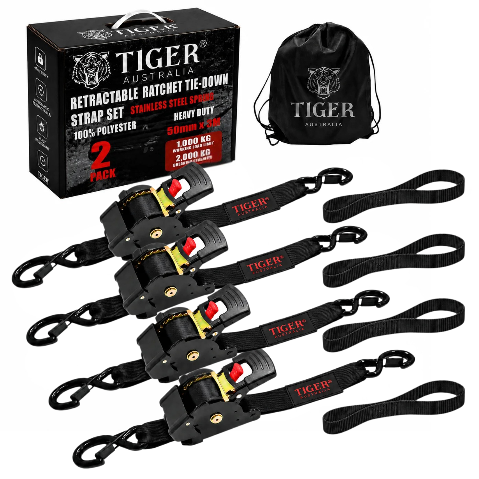Tiger Australia 50mm x 3m Heavy-Duty Retractable Ratchet Straps with Soft Loops 4-Pack