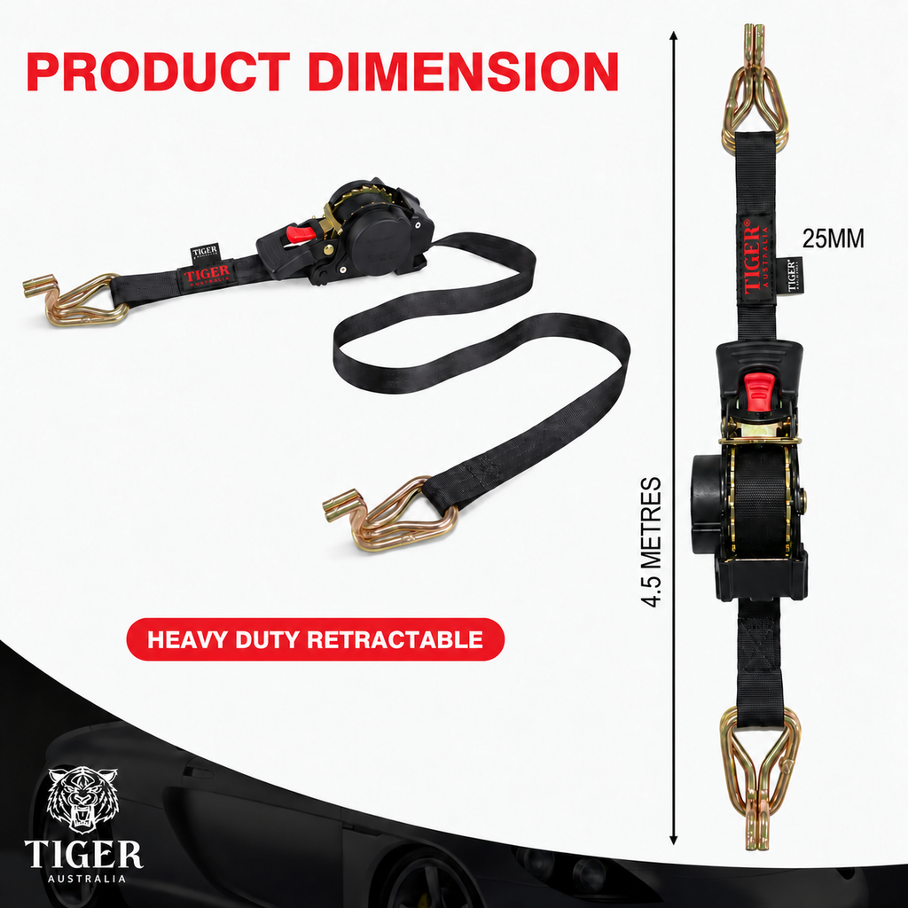 Tiger Australia Swan Hook Series 25mm × 4.5m Retractable Ratchet Straps 16-Pack Value Pack