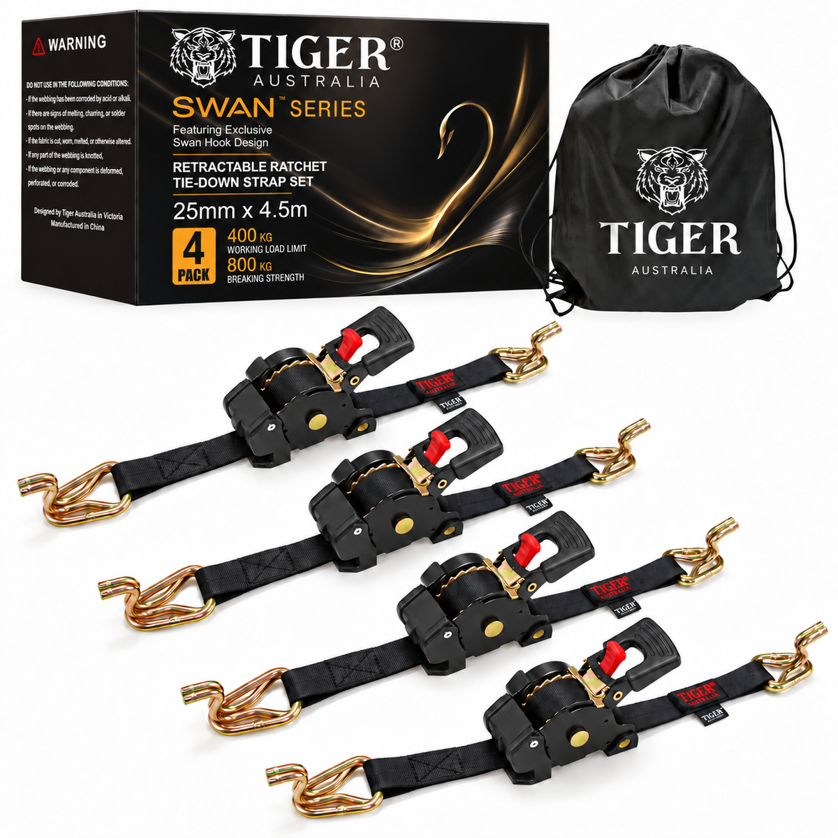 Tiger Australia Swan Hook Series 25mm × 4.5m Retractable Ratchet Straps 4-Pack(Black)