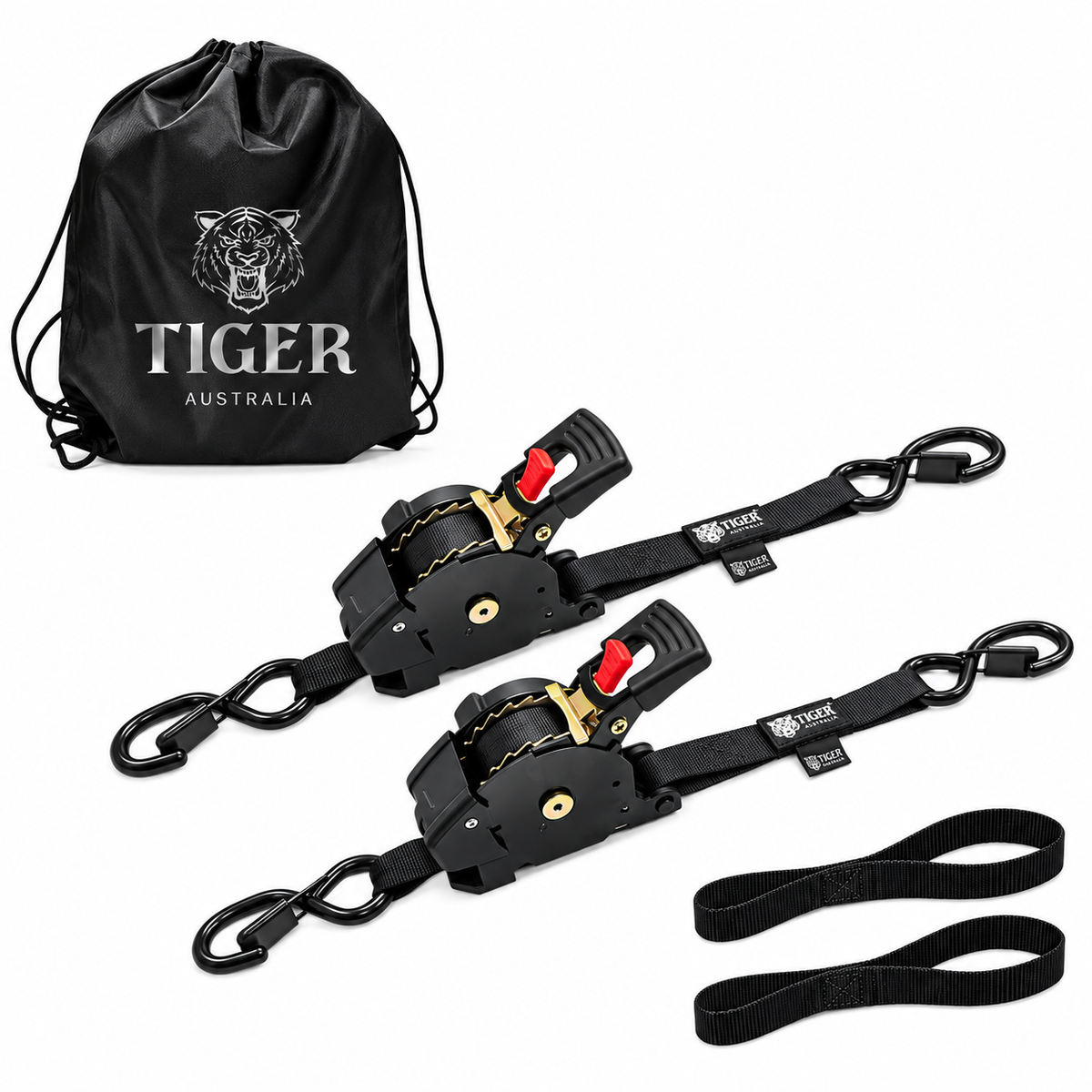 Tiger Australia 25mm x 3m Auto Retractable Ratchet Straps with Soft Loops 2-Pack