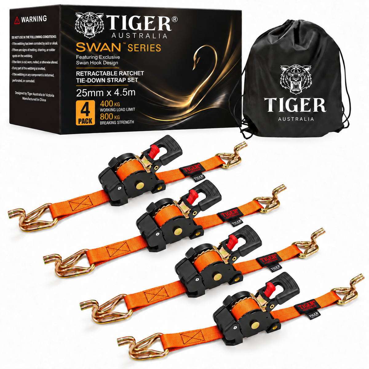 Tiger Australia Swan Hook Series 25mm × 4.5m Retractable Ratchet Straps 4-Pack(Orange)