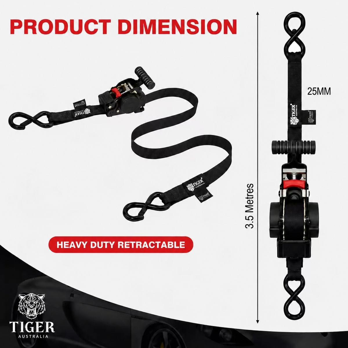 Tiger Australia 25mm x 3.5m Ultimate T-Handle™ Slow-Retracting Straps with Soft Loops 4-Pack(Black)
