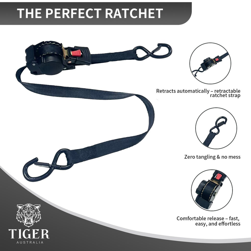 25mm x 4.5m Auto Retractable Ratchet Straps 4-Pack