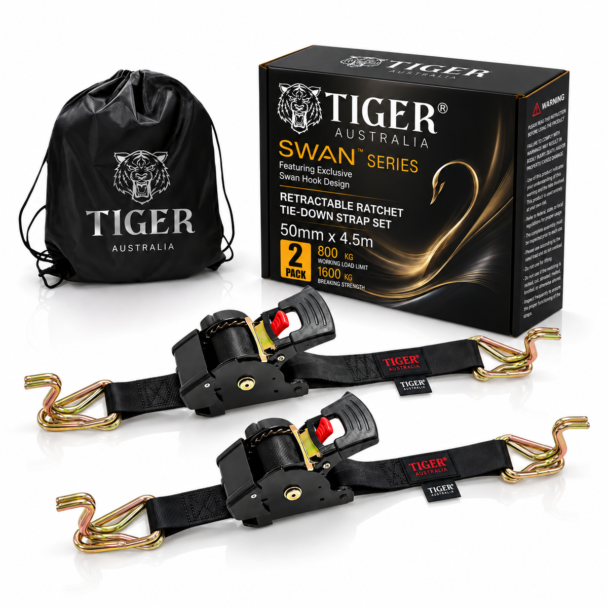 Tiger Australia Swan Hook Series 50mm × 4.5m Heavy-Duty Retractable Ratchet Straps 2-Pack(Black)