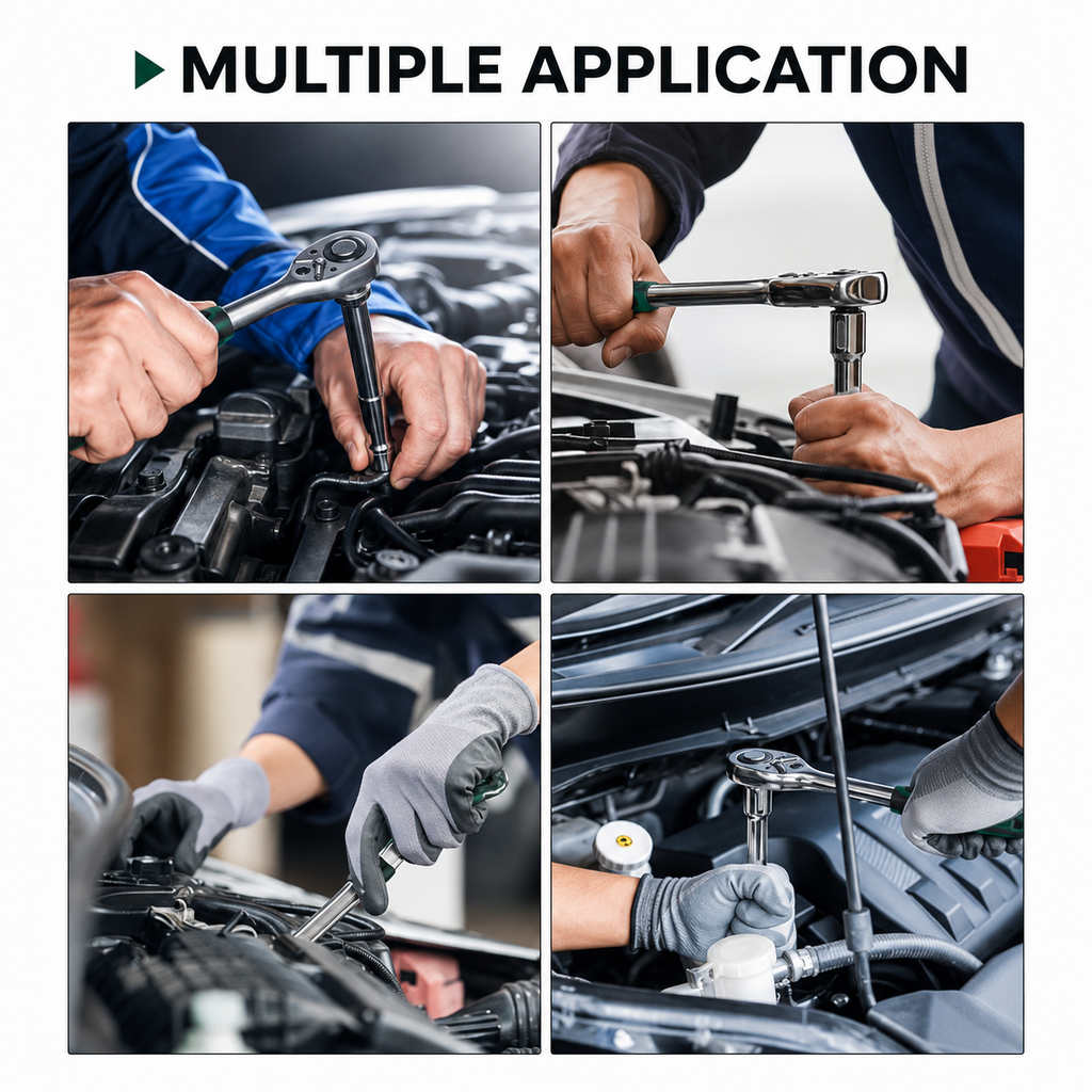 A four-panel collage showing hands using a socket wrench and other automotive tools on a car engine bay, with the text 'MULTIPLE APPLICATION' at the top.