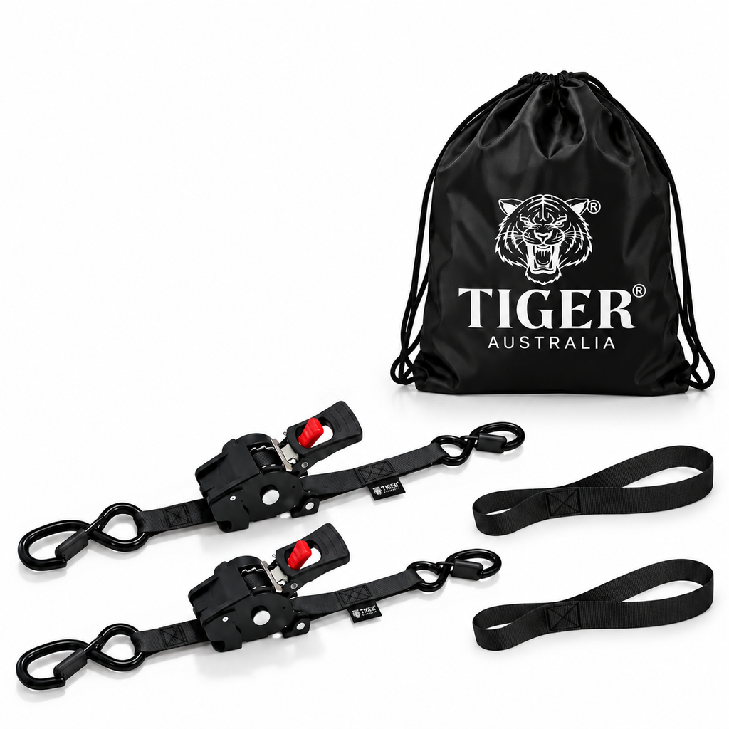Tiger Australia 19mm x 3m Compact Auto Retractable Ratchet Straps with Soft Loops – 2 Pack