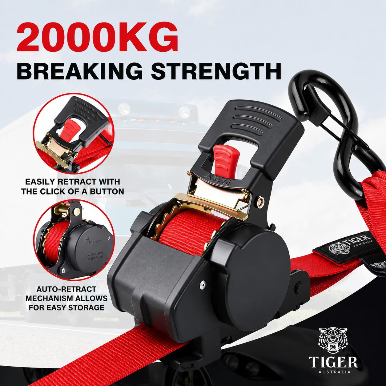 Tiger Australia 50mm x 3m Heavy Duty Retractable Ratchet Straps with Soft Loops 2-Pack(Red Limited Edition)