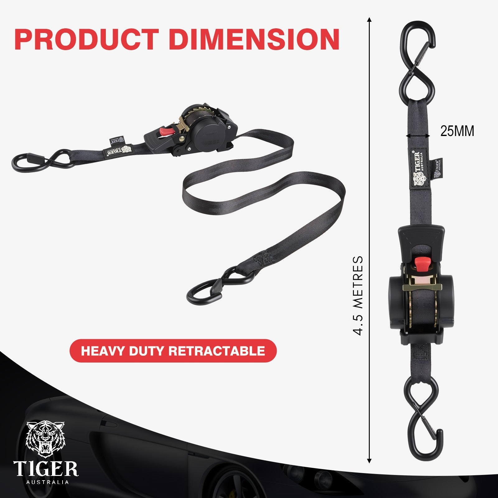 25mm × 4.5m New Auto Slow-Retracting Design Ratchet Straps 4-Pack