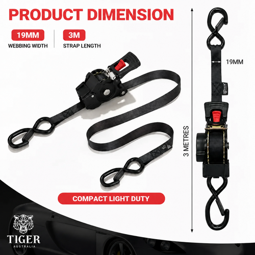 Tiger Australia 19mm x 3m Compact Auto Retractable Ratchet Straps with Soft Loops – 2 Pack