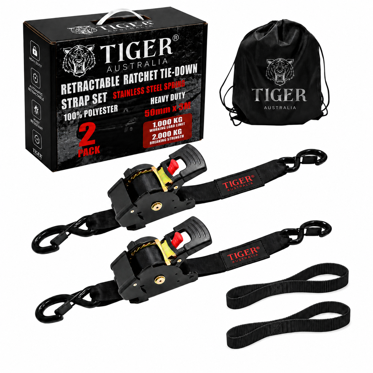 Tiger Australia 50mm x 3m Heavy-Duty Retractable Ratchet Straps with Soft Loops – 2 Pack