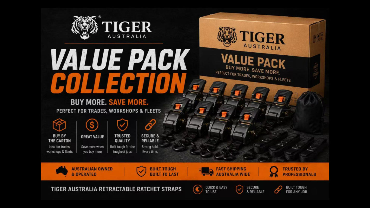Tiger Australia retractable ratchet straps with packaging on a black background