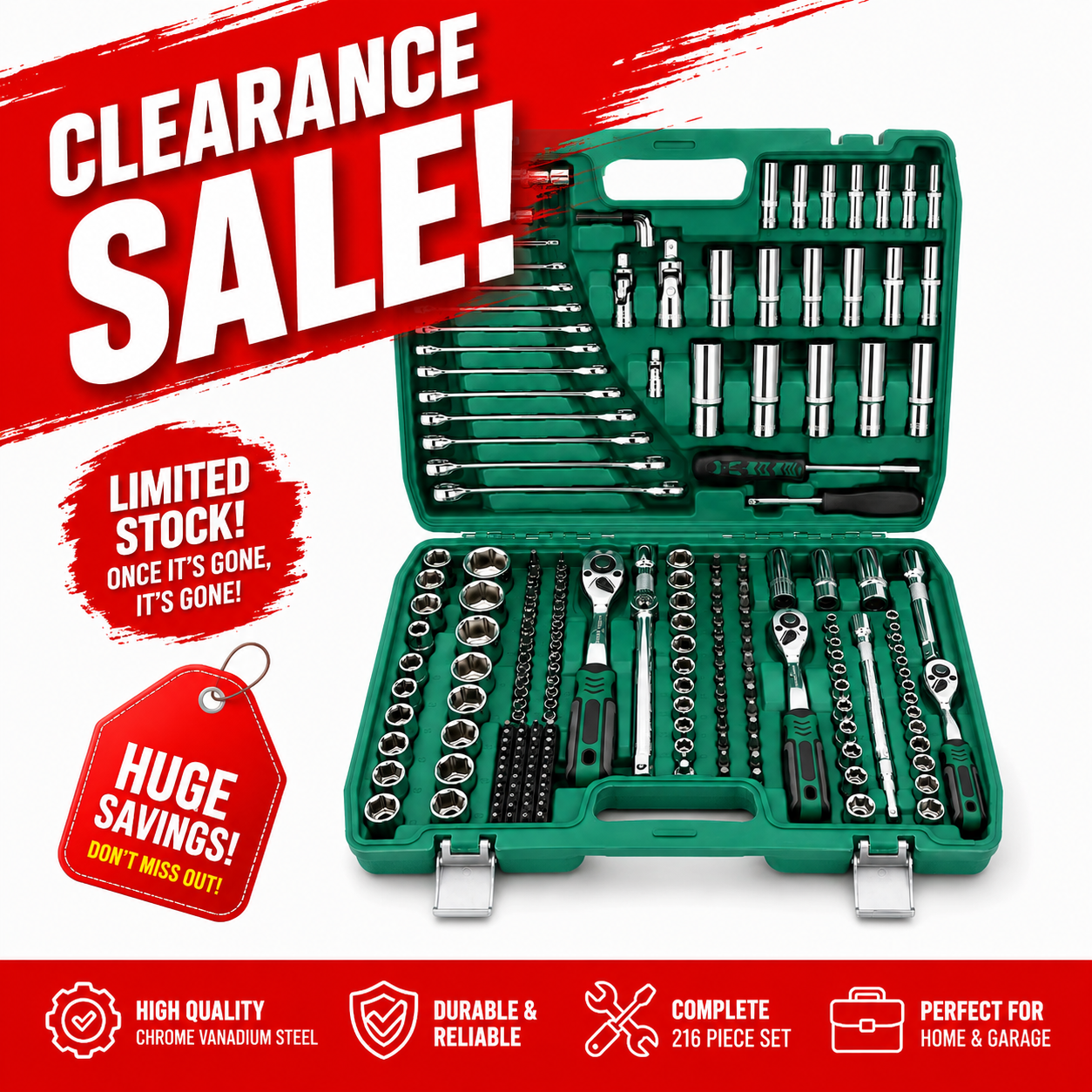 Automotive Tool Kit 216-Piece – Chrome Vanadium Steel Ratchet & Bit Tool Kit for Automotive Repair & Workshop