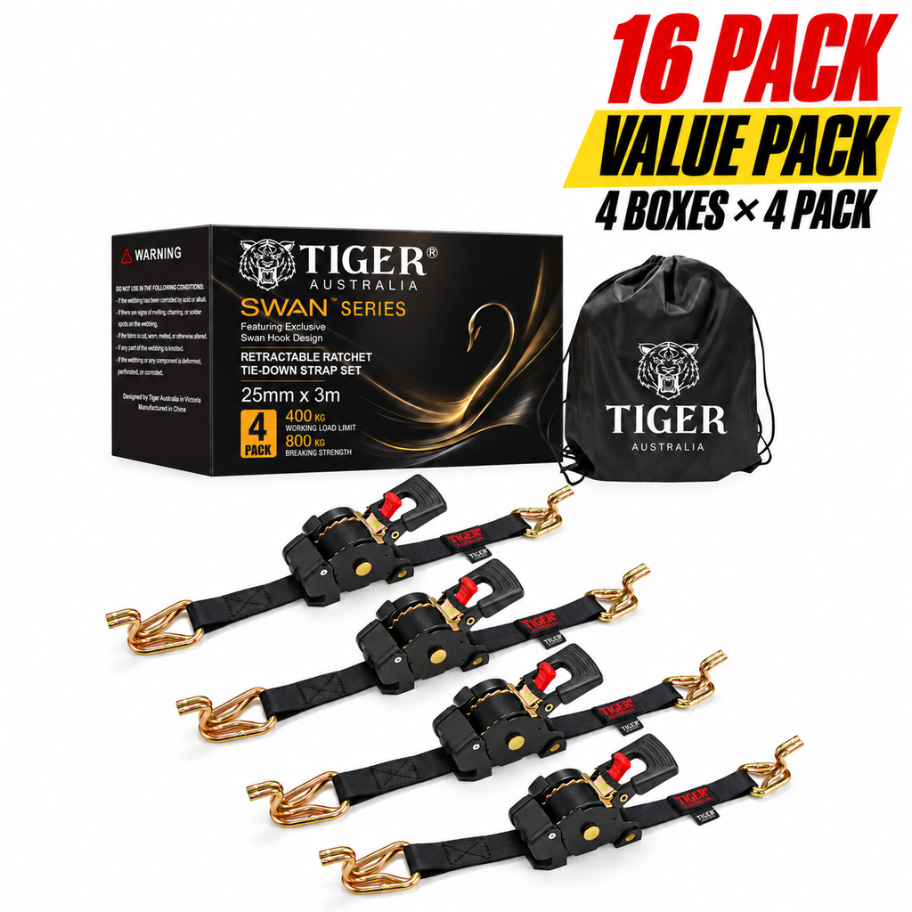 Tiger Australia Swan Hook Series 25mm × 3m Retractable Ratchet Straps 16-Pack Value Pack