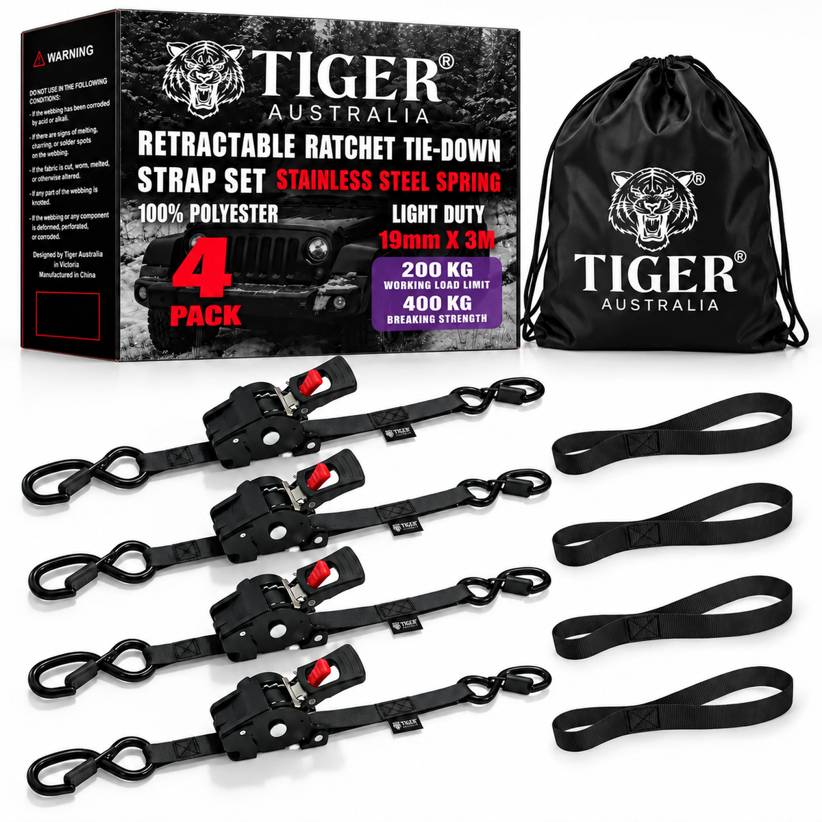 Tiger Australia 19mm x 3m Compact Auto Retractable Ratchet Straps with Soft Loops – 4 Pack