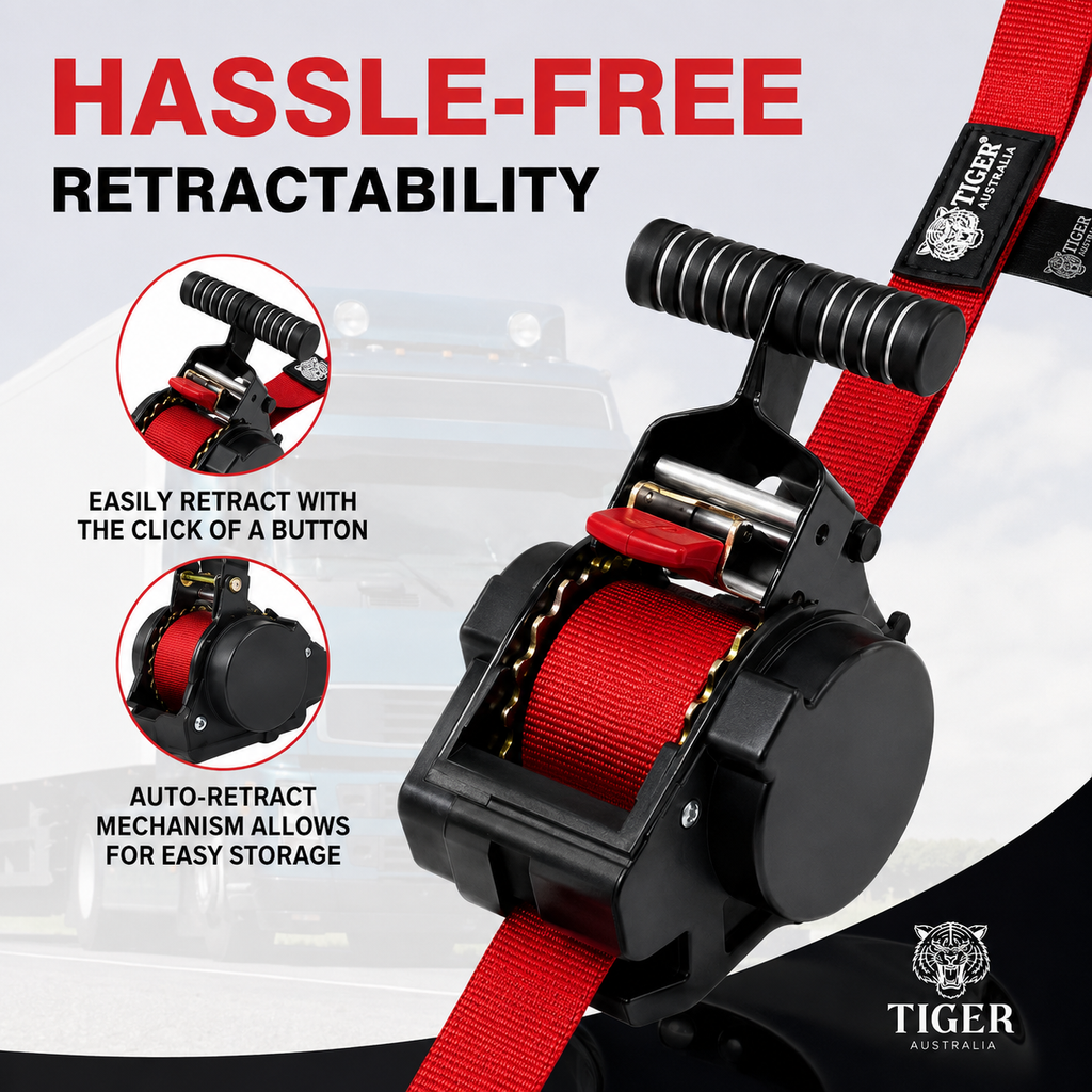 Tiger Australia 25mm x 3m T-Handle™ Retractable Ratchet Straps with Soft Loops 4-Pack(Red Limited Edition)
