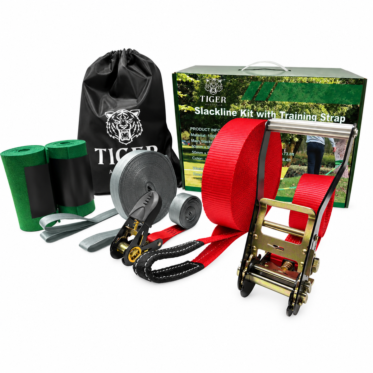 Tiger Australia Slackline Kit 50mmx22.5 m with Training Line, Ratchet, Tree Protectors and Bag (Red)