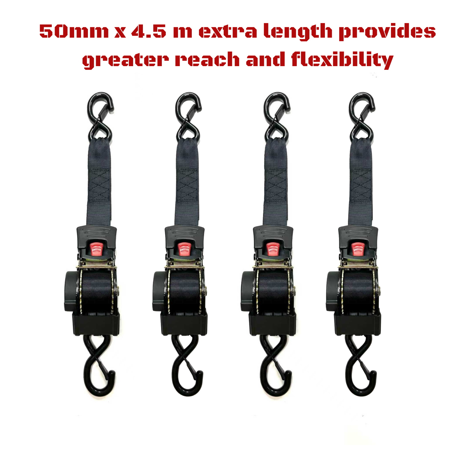 Tiger Australia 50mm x 4.5m Heavy Duty Auto Retractable Ratchet Straps 4-Pack