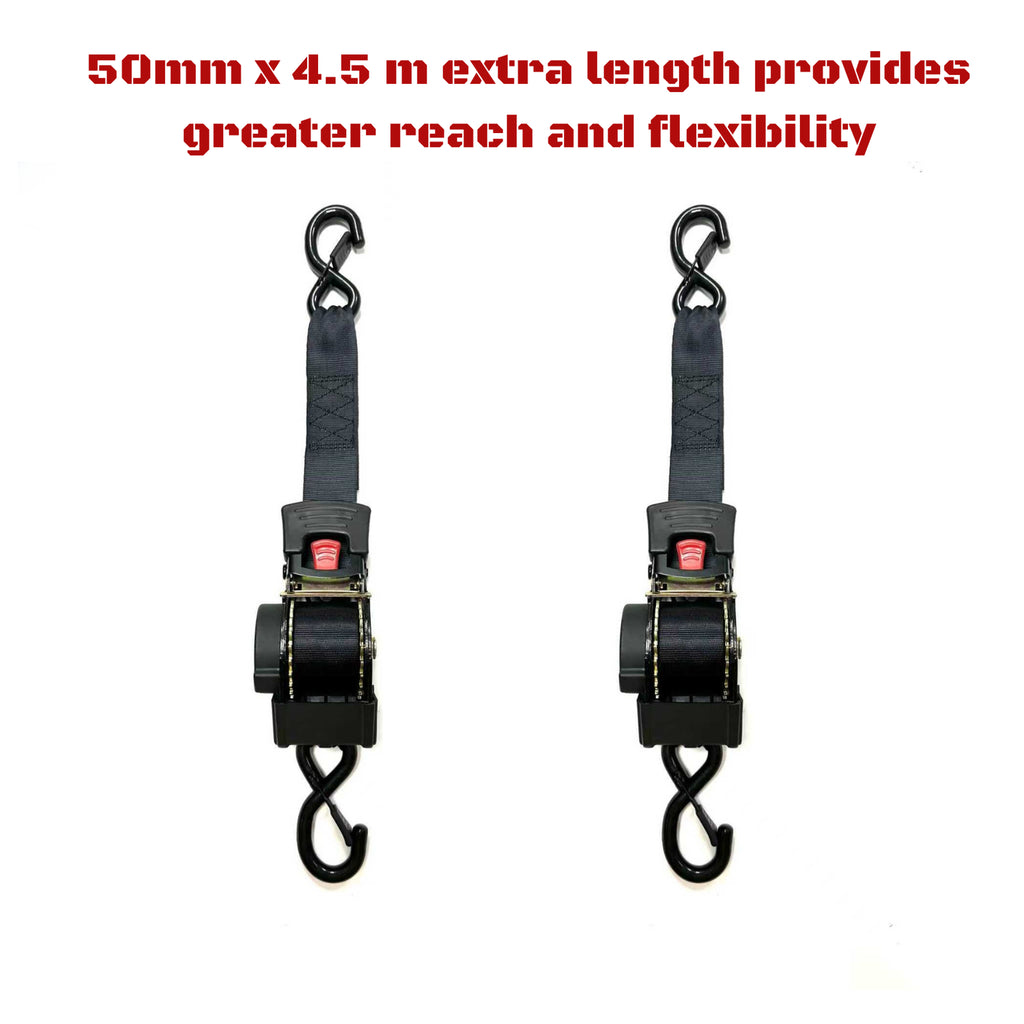50mm x 4.5m Heavy Duty Auto Retractable Ratchet Straps 2-Pack