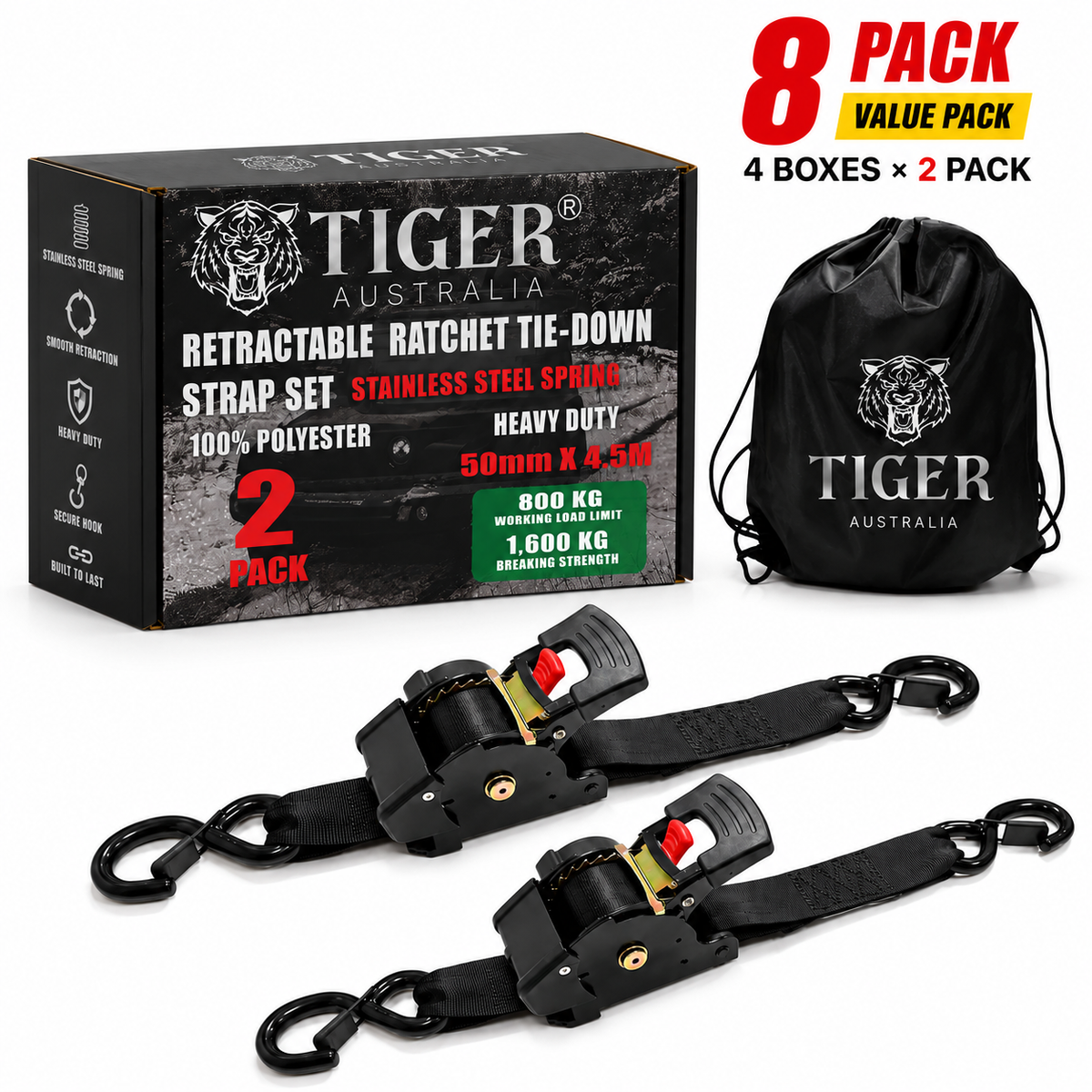 Tiger Australia 50mm x 4.5m Retractable Ratchet Straps 8-Pack Value Pack