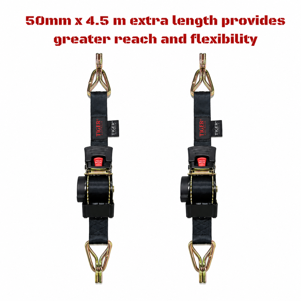 Tiger Australia Swan Hook Series 50mm × 4.5m Heavy-Duty Retractable Ratchet Straps 2-Pack(Black)