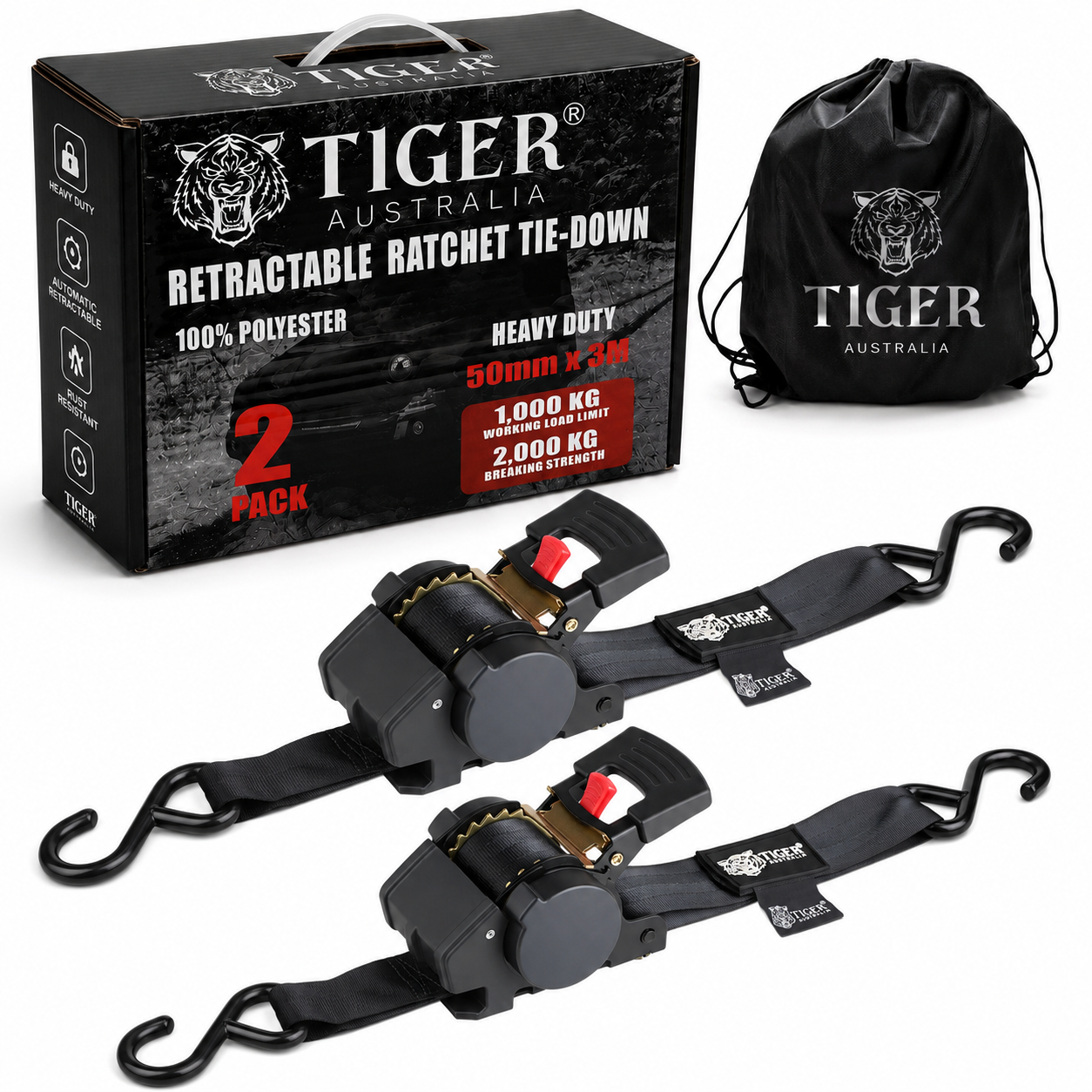 Tiger Australia 50mm × 3m New Auto Slow-Retracting Design Ratchet Straps 2-Pack