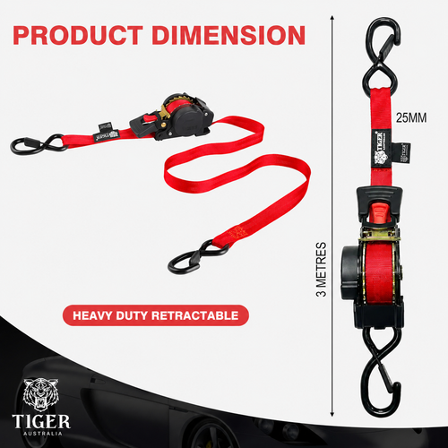 Tiger Australia 25mm x 3m Retractable Ratchet Straps with Soft Loops – 4 Pack (Red Limited Edition)