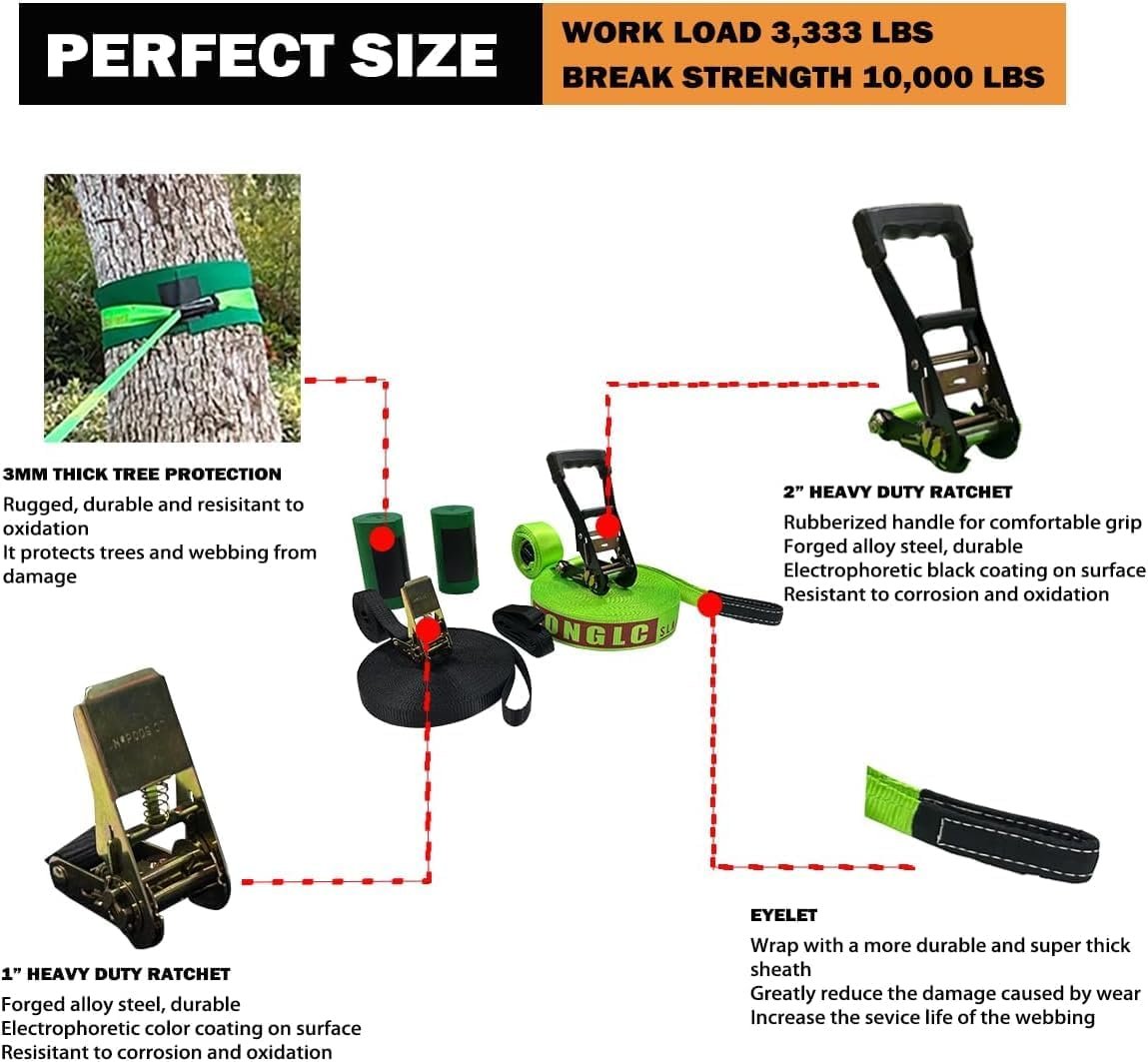 Slackline Kit 50mmx22.5 m with Training Line, Ratchet, Tree Protectors and Bag