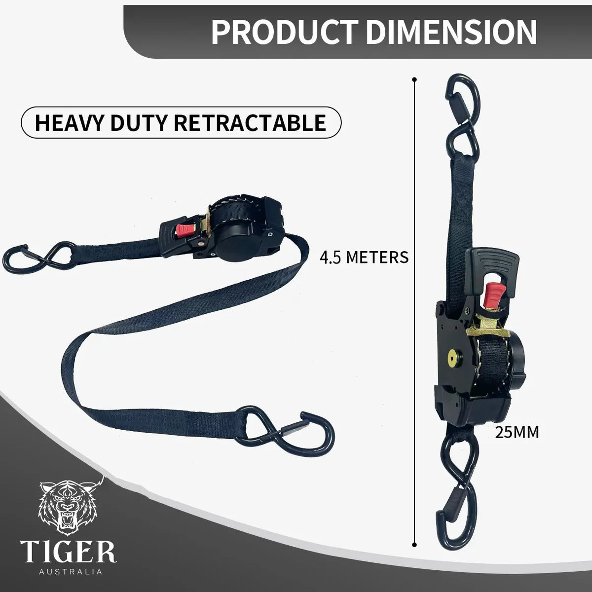 Tiger Australia 25mm x 4.5m Auto Retractable Ratchet Straps 4-Pack