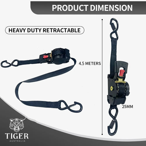 Tiger Australia 25mm x 4.5m Auto Retractable Ratchet Straps 4-Pack