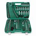 A 216-piece socket wrench set in a green plastic case, shown open against a white background. The set includes various sockets, extension bars, wrenches, ratchets, and a screwdriver, all in polished silver metal with black handles.