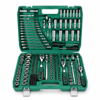 A 216-piece socket wrench set in a green plastic case, shown open against a white background. The set includes various sockets, extension bars, wrenches, ratchets, and a screwdriver, all in polished silver metal with black handles.