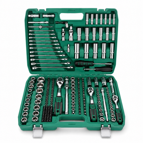 A 216-piece socket wrench set in a green plastic case, shown open against a white background. The set includes various sockets, extension bars, wrenches, ratchets, and a screwdriver, all in polished silver metal with black handles.