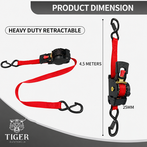 Tiger Australia 25mm x 4.5m Retractable Ratchet Straps with Soft Loops – 4 Pack (Red Limited Edition)