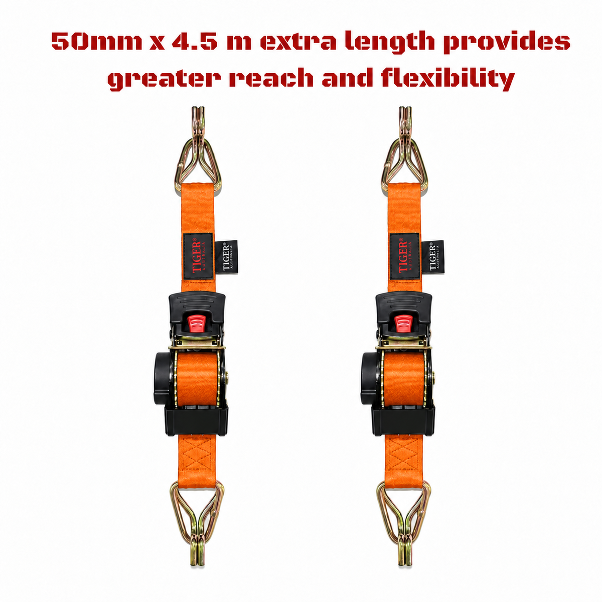 Tiger Australia Swan Hook Series 50mm × 4.5m Heavy-Duty Retractable Ratchet Straps 2-Pack(Orange)